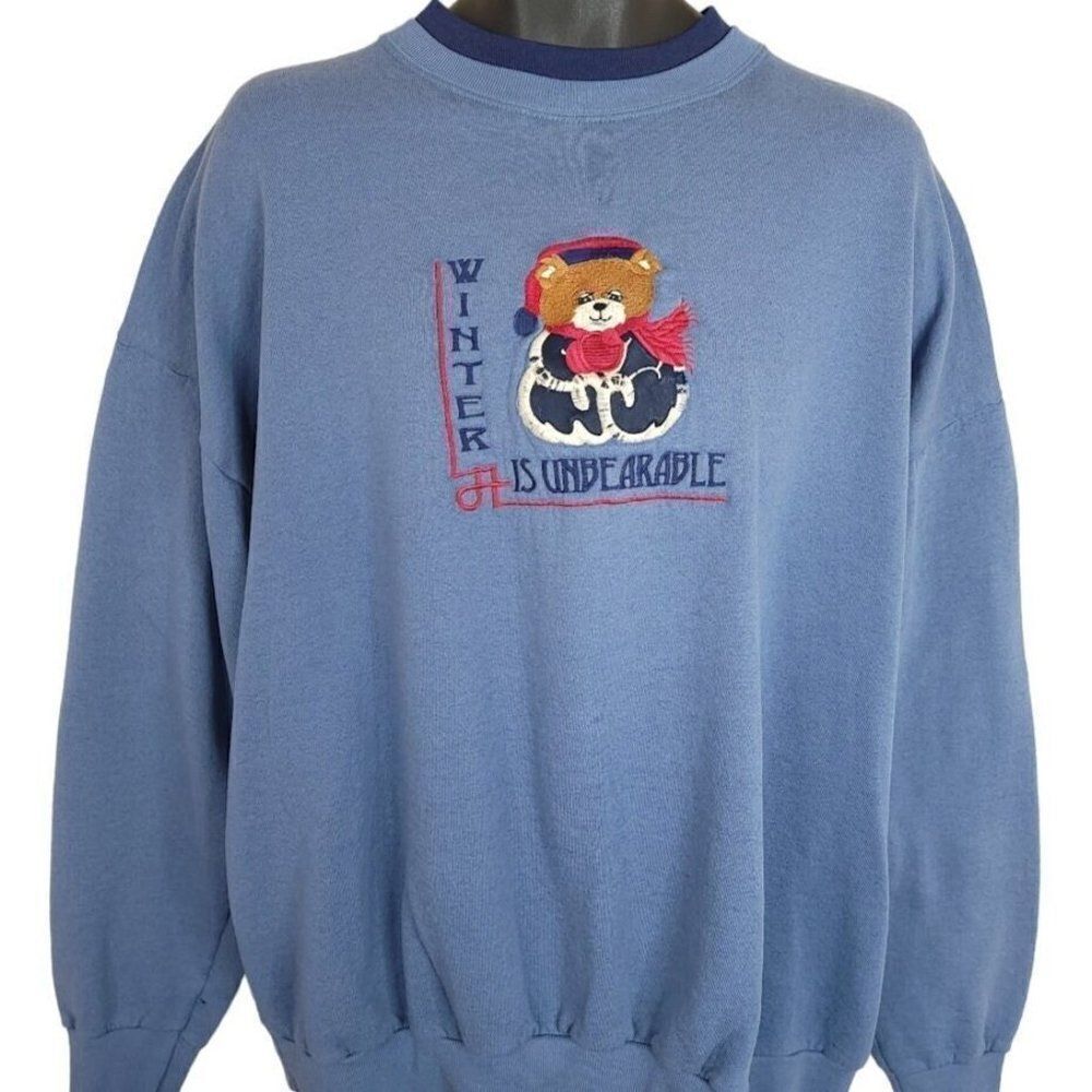 Winter Is Unbearable Sweatshirt Vintage 80s Granny Core Bear Made In USA Mens